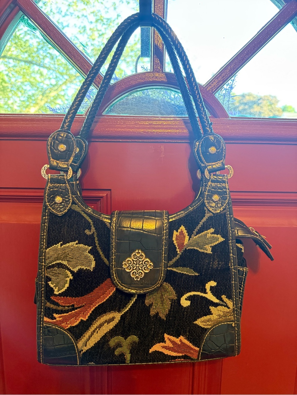 Vintage Rosetti Floral Tapestry Shoulder Bag Faux Croc Trim